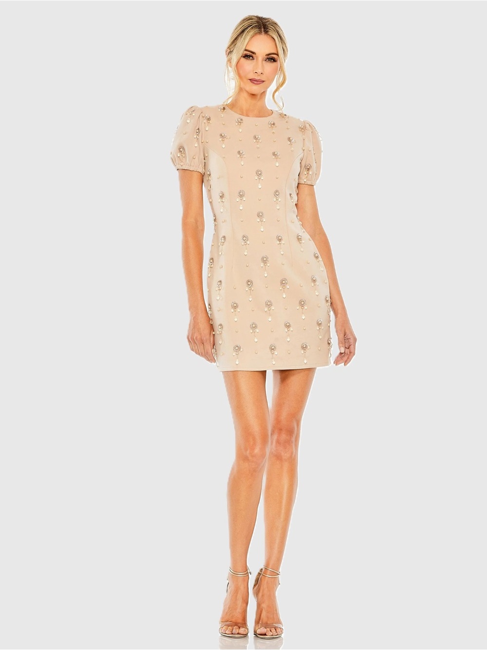 Mac Duggal Porcelain Crystal Embellished Short Sleeve Mini Dress Size 6 $458